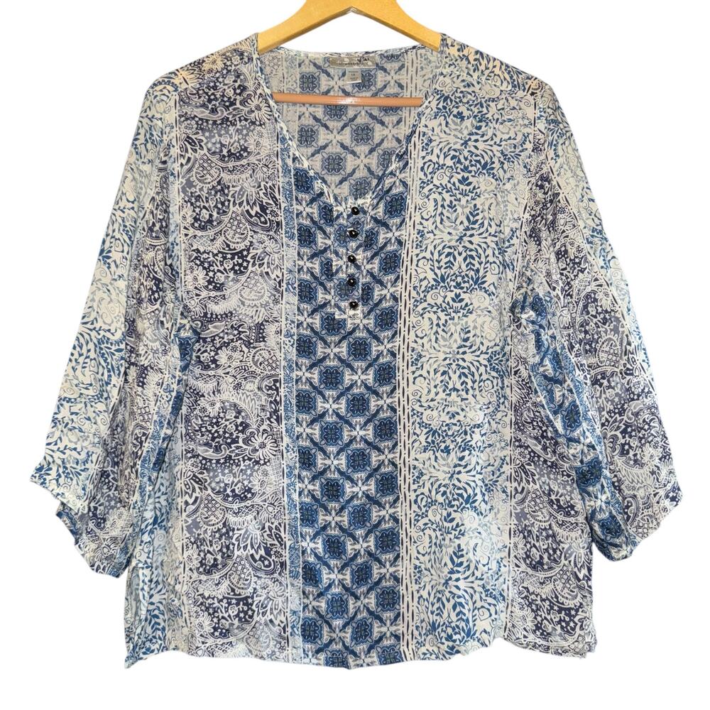 Boho Peasant Top Dressbarn Women's 1X Hippie Mixed Pattern 3/4 Sleeve Festival